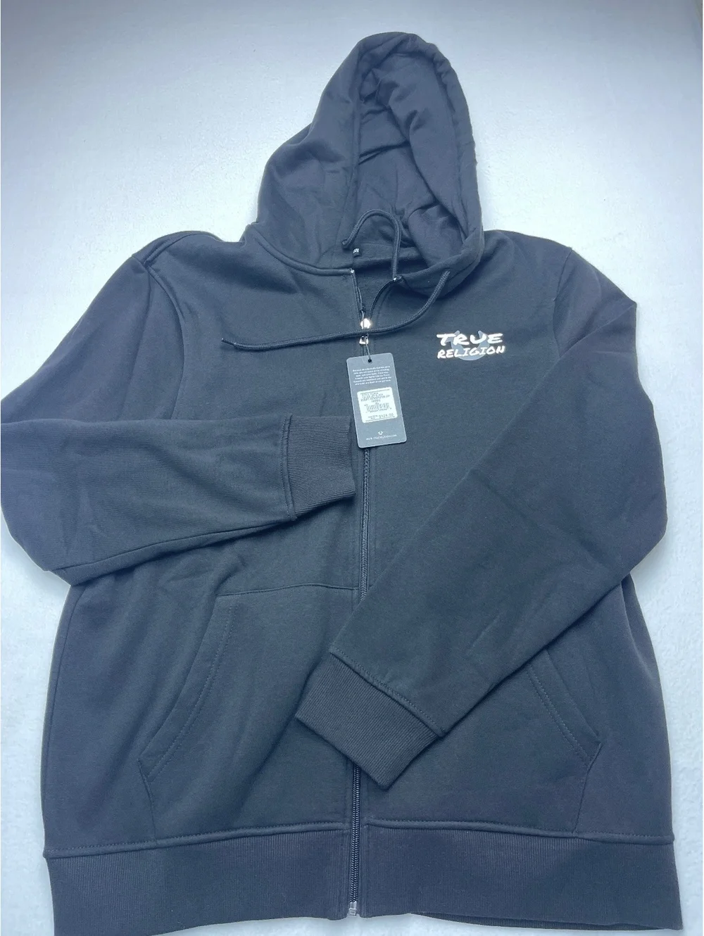 True Religion Black Zip-Up Hoodie Sweatshirt with Logo Print
